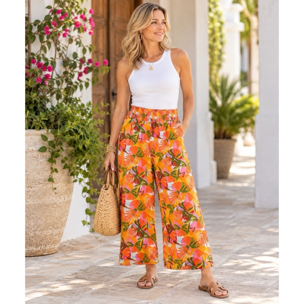 C&C California Size XL 100% Linen Wide Leg Pockets Floral Pants